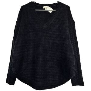 Umgee Sweater Cotton Knitted Pullover Drop Shoulder Long Sleeve V-Neck Black S